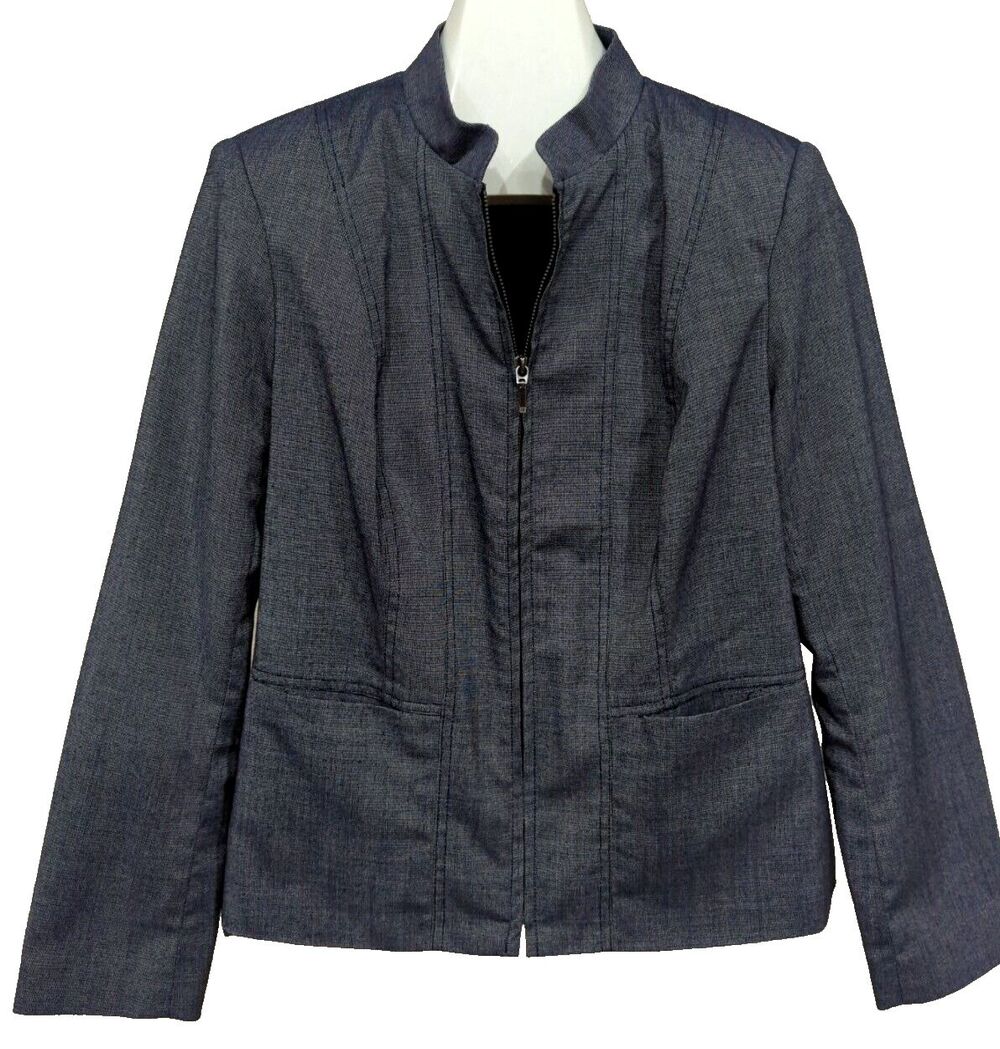 212 Collection Womens Navy White Jacket 14 Zip Front Pockets Lined, Nice Details